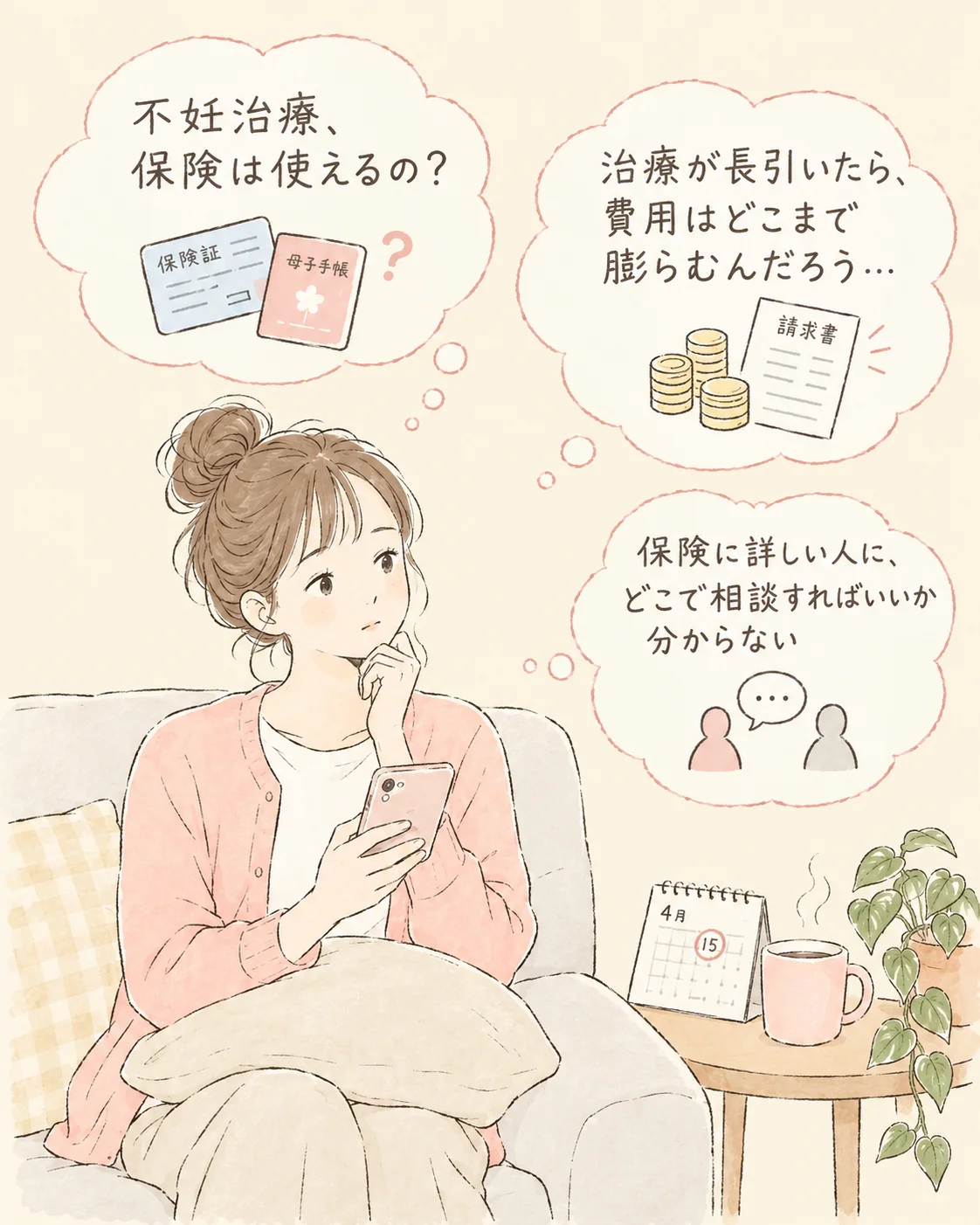 不妊治療中の保険の悩みを抱える女性のイラスト